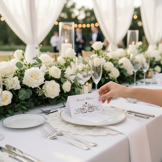 Klassieke Zwanen Monogram Roze Rand Bruiloft Kaart