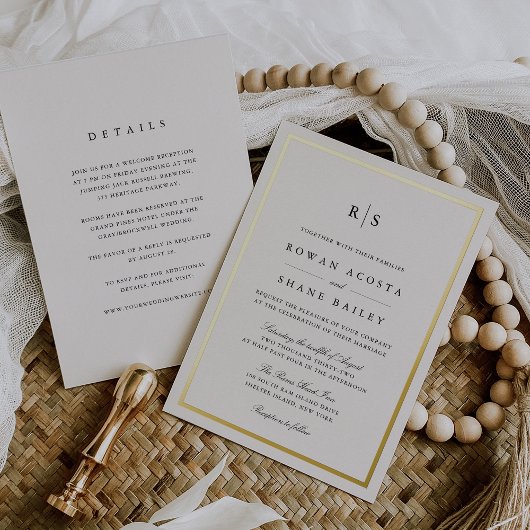 Klassieke Zwart & Ecru Grens Monogram Bruiloft Folie Uitnodiging