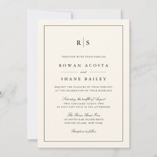 Klassieke Zwart & Ecru Grens Monogram Bruiloft Kaart (Voorkant)