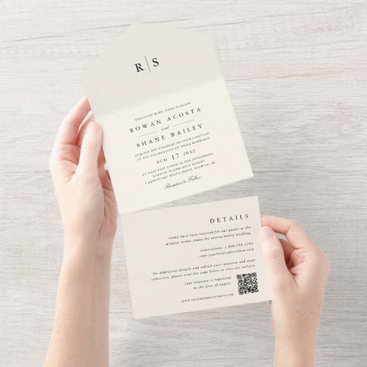 Klassieke zwart & Ecru Monogram bruiloft All In One Uitnodiging (Afscheurbaar)