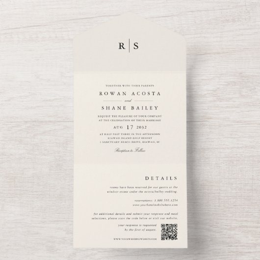 Klassieke zwart & Ecru Monogram bruiloft All In One Uitnodiging (Binnen)