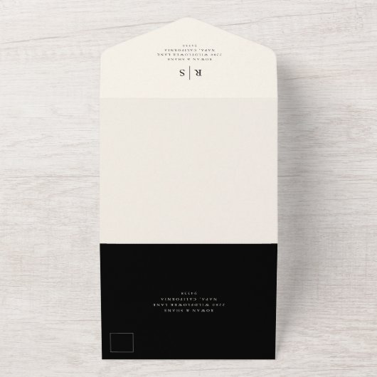 Klassieke zwart & Ecru Monogram bruiloft All In One Uitnodiging (Buitenkant)