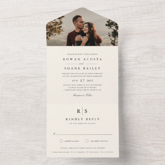 Klassieke zwart & ecru monogram bruiloft foto all in one uitnodiging (Binnen)