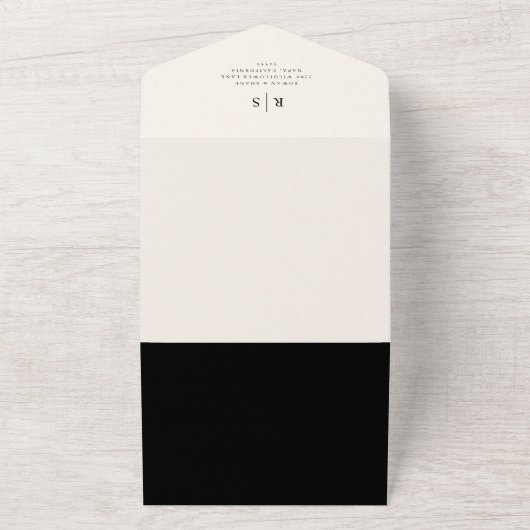 Klassieke zwart & ecru monogram bruiloft foto all in one uitnodiging (Buitenkant)
