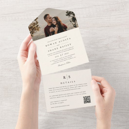 Klassieke zwart & ecru monogram bruiloft foto all in one uitnodiging (Afscheurbaar)