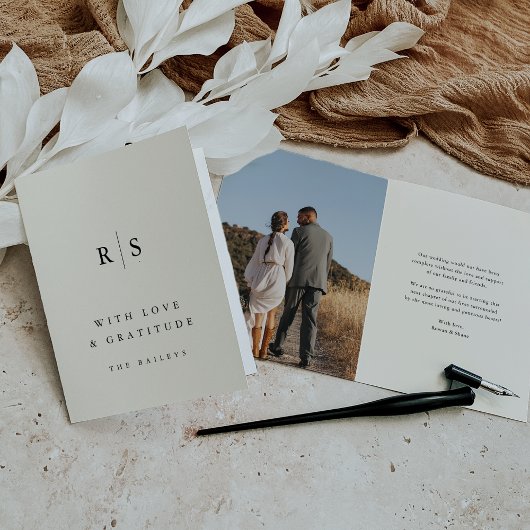 Klassieke zwart & ecru monogram bruiloft foto bedankkaart