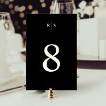 Klassieke zwart & Ecru Monogram bruiloft Kaart<br><div class="desc">Elegante huwelijksreceptie tafel nummerkaarten zijn voorzien van uw tafel nummer in ecru op een zwarte achtergrond, overgoten door een eenvoudig monogram in traditionele serif letters, doorsneden door een dunne verticale lijn. Het ontwerp herhaalt zich aan de achterkant. Als u uw tabelnummers wilt bestellen, past u het ontwerp naar wens aan,...</div>