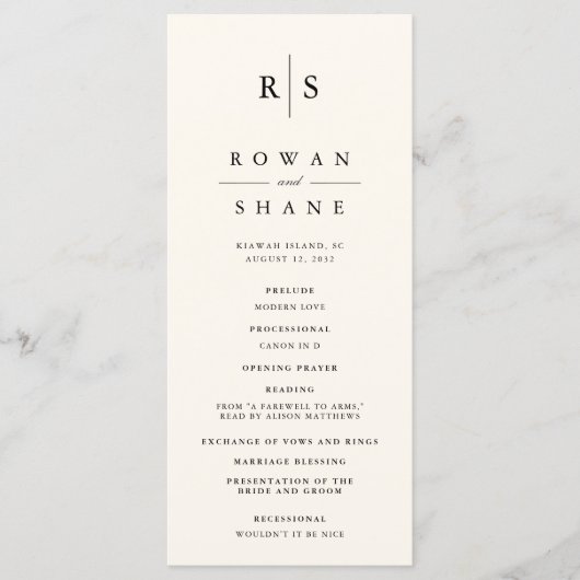 Klassieke zwart & Ecru Monogram bruiloft Programmakaart (Voorkant)