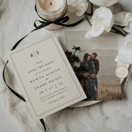 Klassieke zwart & ecru monogram foto save the date