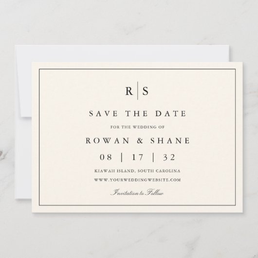 Klassieke zwart & Ecru Monogram Horizontale Foto Save The Date (Voorkant)