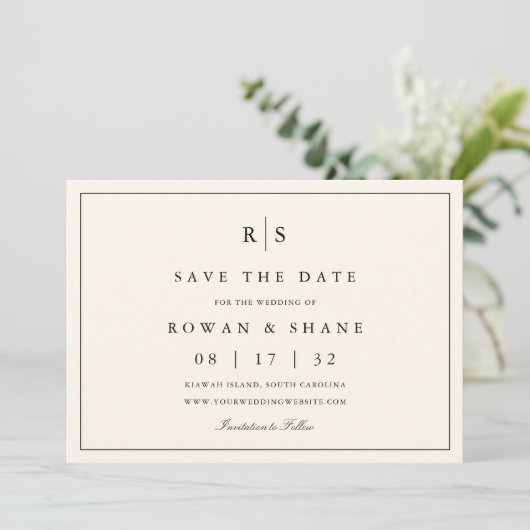 Klassieke zwart & Ecru Monogram Horizontale Foto Save The Date (Staand voorkant)