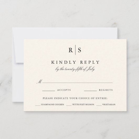 Klassieke zwart & Ecru Monogram Maaltijd keuze RSVP Kaartje (Voorkant)