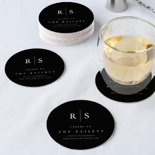 Klassieke Zwart & Ecru Monogram Wedding Bar Ronde Kartonnen Onderzetter
