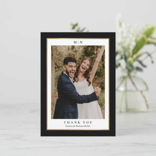 Klassieke Zwart-Gouden Trouwfoto Bedankkaart (Staand voorkant)