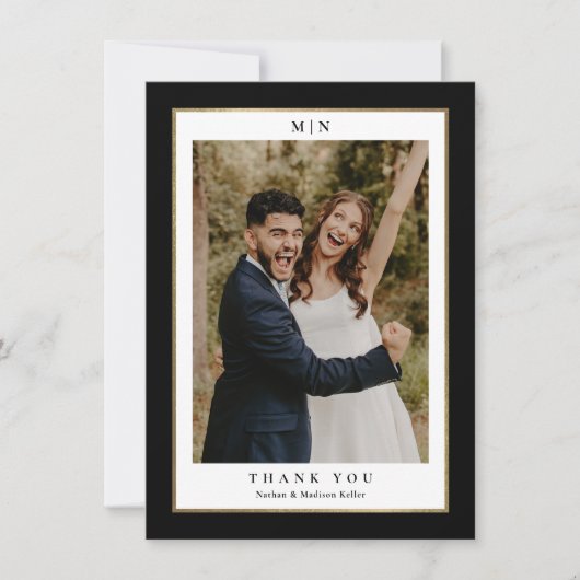 Klassieke Zwart-Gouden Trouwfoto Bedankkaart (Voorkant)