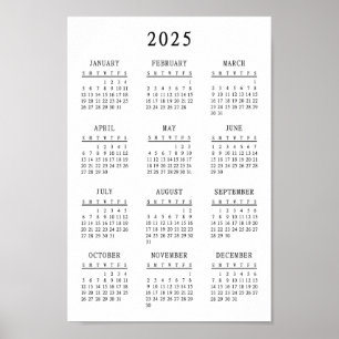 Klassieke zwart-wit 2025 Eenvoudige basiskalender Poster