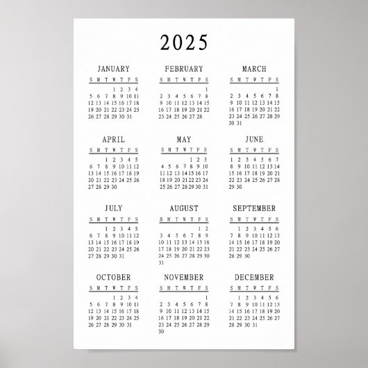 Klassieke zwart-wit 2025 Eenvoudige basiskalender Poster (Voorkant)