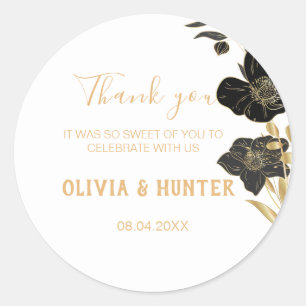 Klassieke Zwart & Wit, Bloemen bruiloft Dank u Ronde Sticker