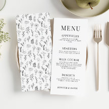 Klassieke zwart wit bloemenbruiloft menukaarten