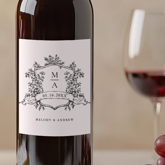 Klassieke zwart-wit bloemenkroon trouw wijn etiket