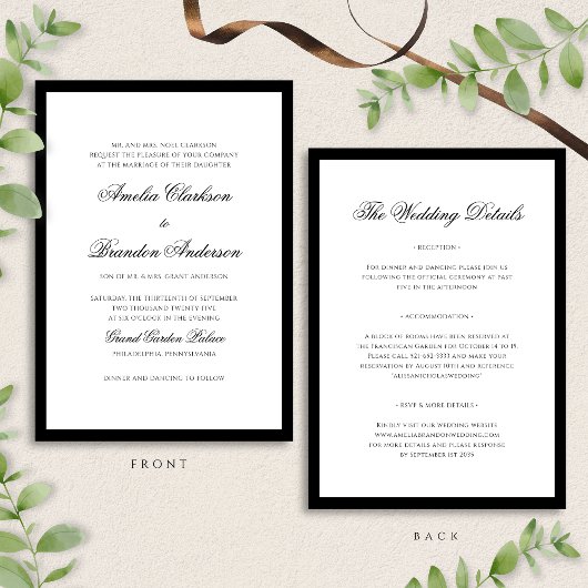 Klassieke Zwart-Wit Border Wedding Details & Kaart