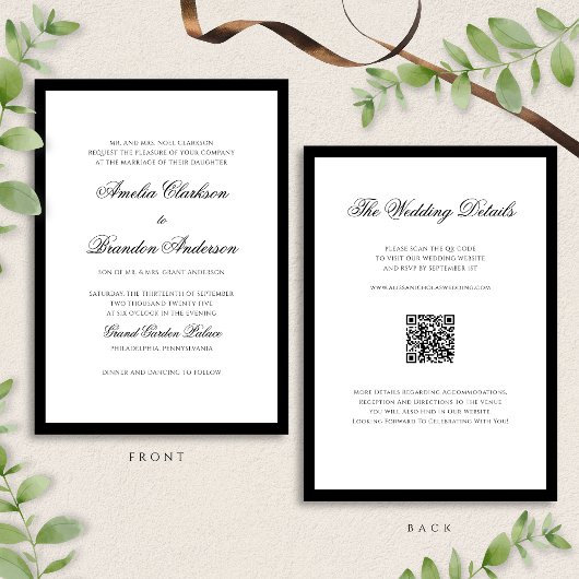 Klassieke Zwart-Wit Border Wedding QR Code Kaart