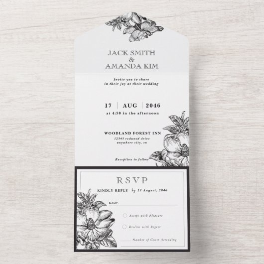 Klassieke zwart-wit bruiloft alles in één RSVP All In One Uitnodiging (Binnen)