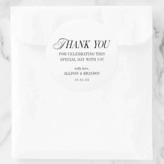 Klassieke zwart-wit bruiloft dank u ronde sticker (Tas)
