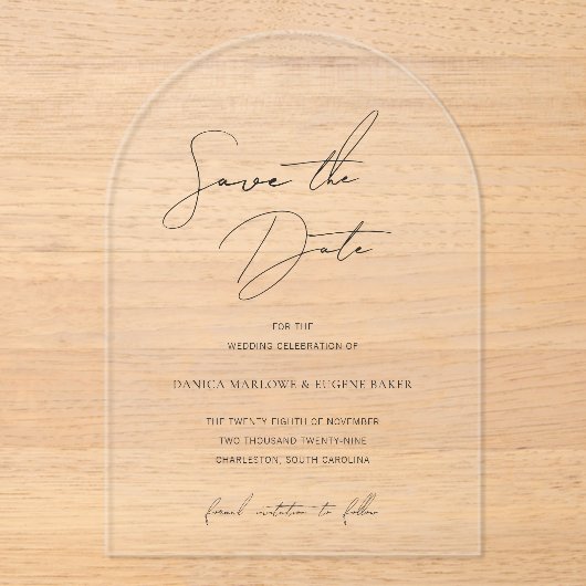 Klassieke zwart-wit bruiloft Save the Date Acryl Uitnodigingen (Voorkant)