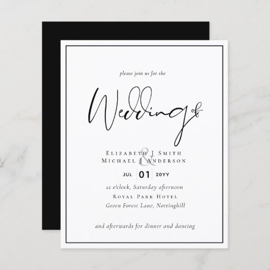 Klassieke Zwart-wit bruiloft uitnodigingen BUDGET (Voorkant / Achterkant)