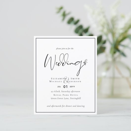 Klassieke Zwart-wit bruiloft uitnodigingen BUDGET (Staand voorkant)
