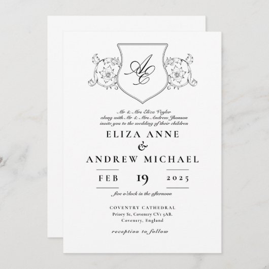 Klassieke zwart-wit Crest Monogram bruiloft Kaart (Voorkant / Achterkant)