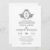 Klassieke zwart-wit Crest Monogram bruiloft Kaart (Voorkant / Achterkant)