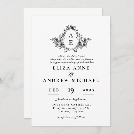 Klassieke zwart-wit Crest Monogram bruiloft Kaart (Voorkant / Achterkant)