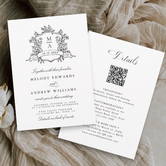 Klassieke Zwart & Wit Crest Wedding Alles in één Kaart
