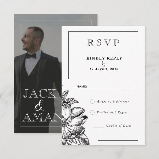 Klassieke zwart-wit elegante bruiloft RSVP-kaarten Bedankkaart (Voorkant / Achterkant)