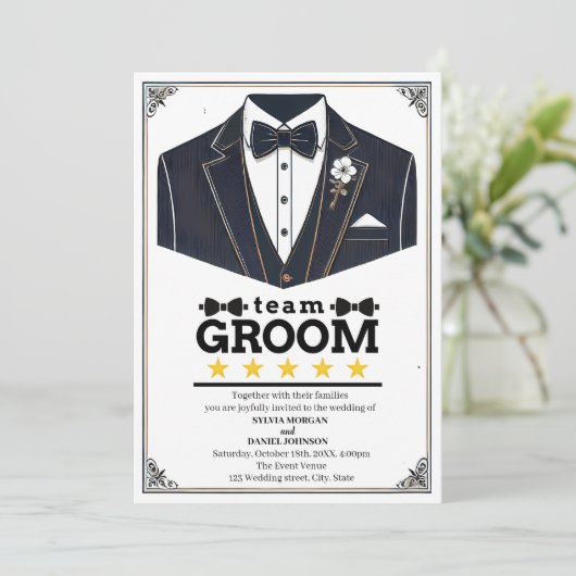 Klassieke Zwart-Wit Elegante Tekst Team Bruidegom Kaart (Staand voorkant)