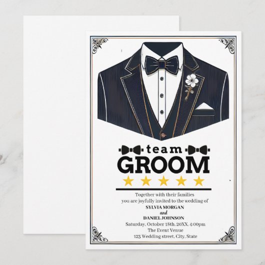 Klassieke Zwart-Wit Elegante Tekst Team Bruidegom Kaart (Voorkant / Achterkant)