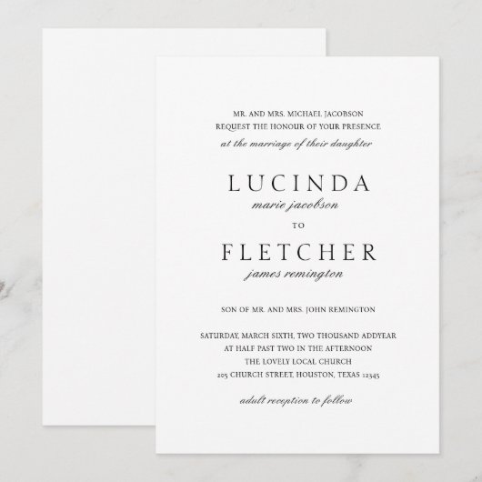 Klassieke Zwart-Wit Formele Elegante Bruiloft Kaart (Voorkant / Achterkant)