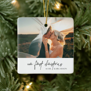 Klassieke zwart-wit foto eerste kerst keramisch ornament