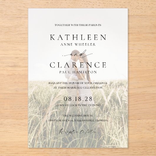 Klassieke zwart-wit foto Elegante bruiloft Acryl Uitnodigingen (Voorkant)