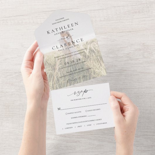 Klassieke zwart-wit foto Elegante bruiloft All In One Uitnodiging (Afscheurbaar)