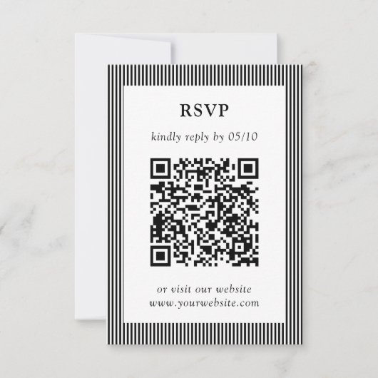 Klassieke Zwart & Wit Gestreepte QR Code RSVP Huwe Kaartje (Voorkant)