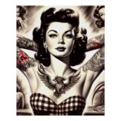 Klassieke zwart-wit getatoeëerde pin-up tekening perfect poster (Voorkant)