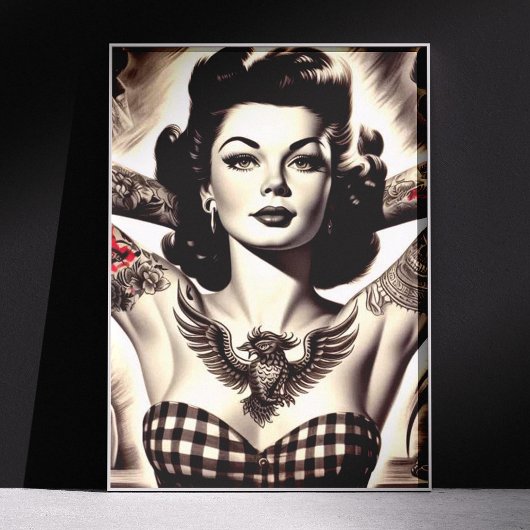 Klassieke zwart-wit getatoeëerde pin-up tekening perfect poster