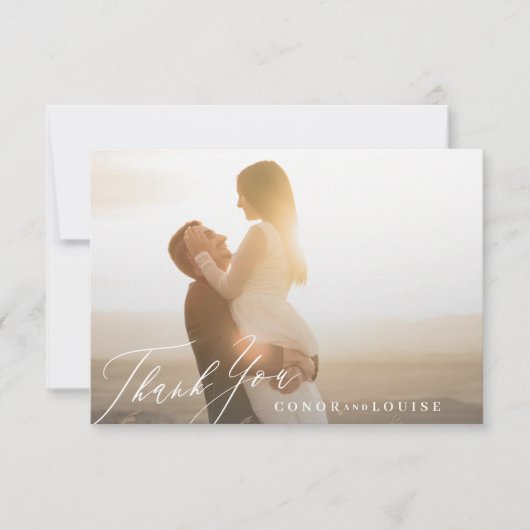 Klassieke zwart-wit kalligrafie bruiloft foto bedankkaart (Voorkant)