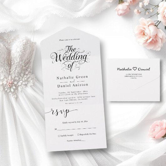 Klassieke zwart-wit kalligrafie script bruiloft all in one uitnodiging