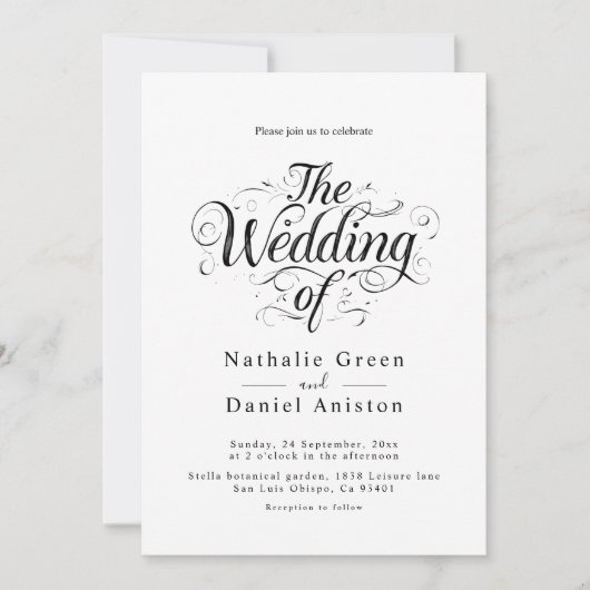 Klassieke zwart-wit kalligrafie script bruiloft kaart (Voorkant)