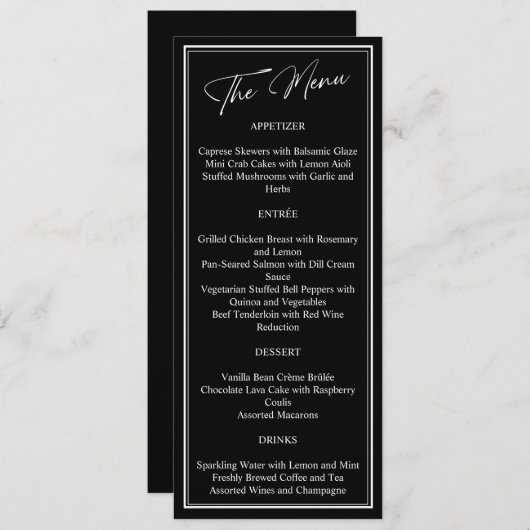 Klassieke zwart-wit moderne bruiloft menu (Voorkant / Achterkant)
