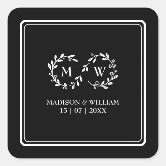 Klassieke zwart-wit moderne bruiloft vierkante sticker (Voorkant)
